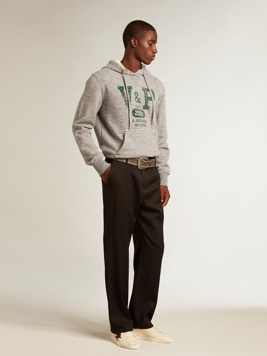 Gray hooded sweatshirt with front pocket| Golden Goose