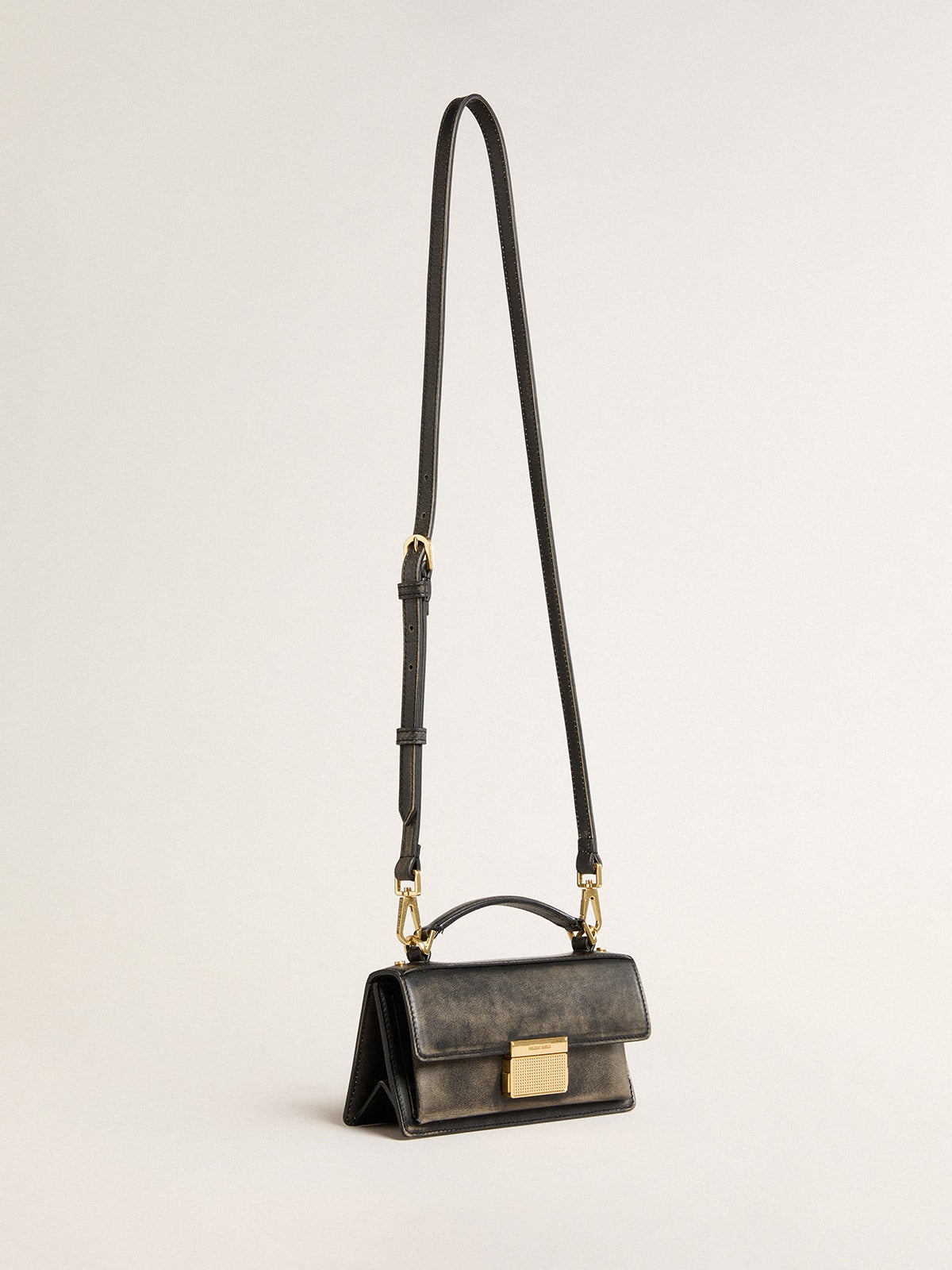 Small Venezia Bag in black distressed leather with gold details| Golden Goose
