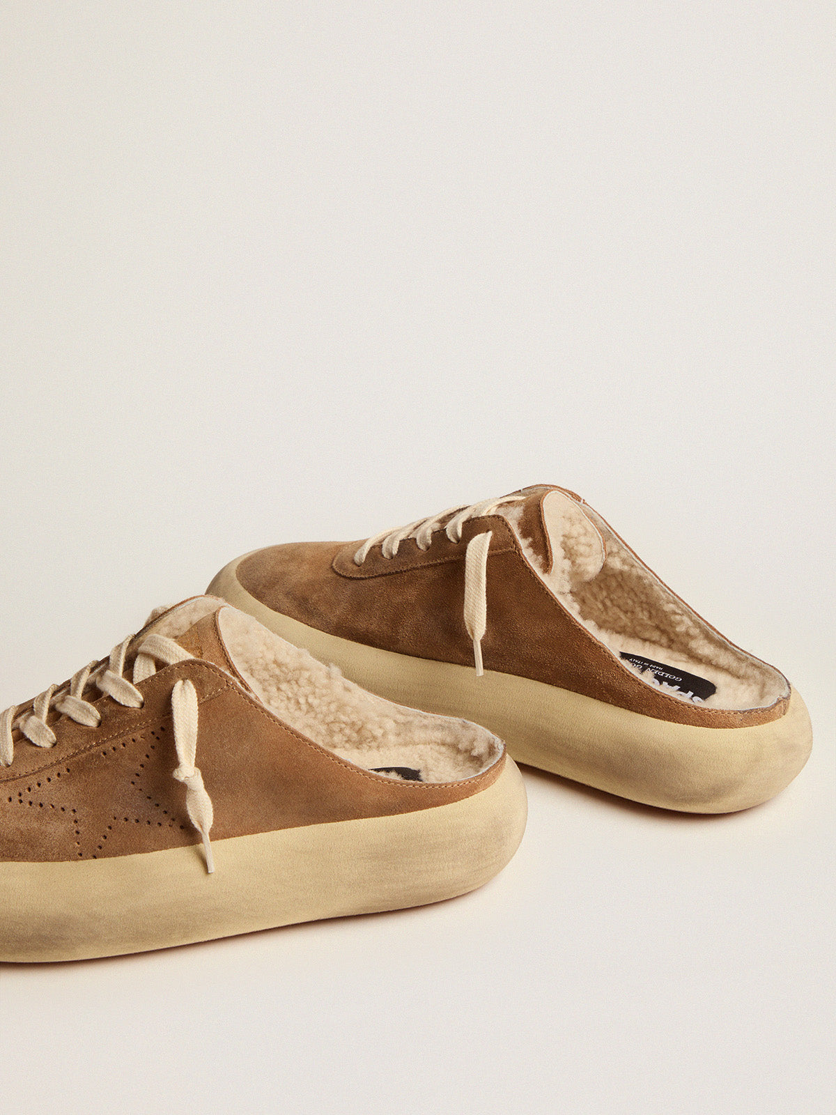 Women's Space-Star Sabot shoes in tobacco-colored suede with shearling lining| Golden Goose