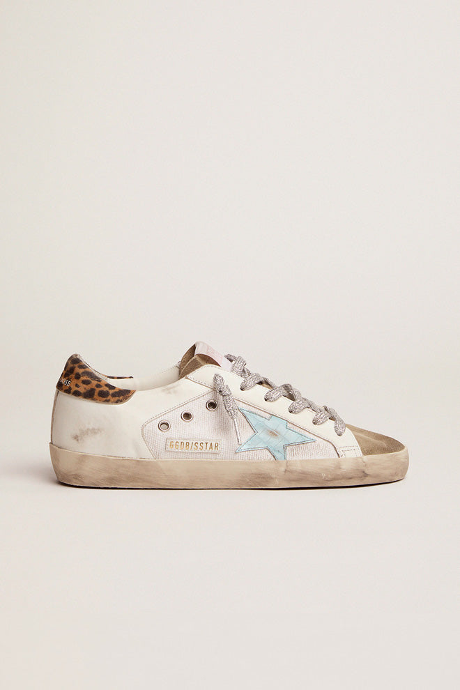 Super-Star in canvas and leather with light blue star and leopard heel tab| Golden Goose