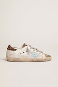 Super-Star in canvas and leather with light blue star and leopard heel tab| Golden Goose