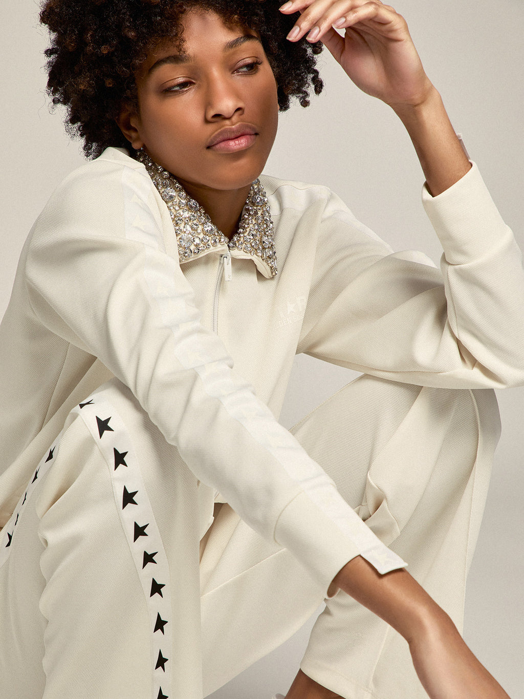 Papyrus white Denise Star Collection zipped sweatshirt with crystal collar| Golden Goose