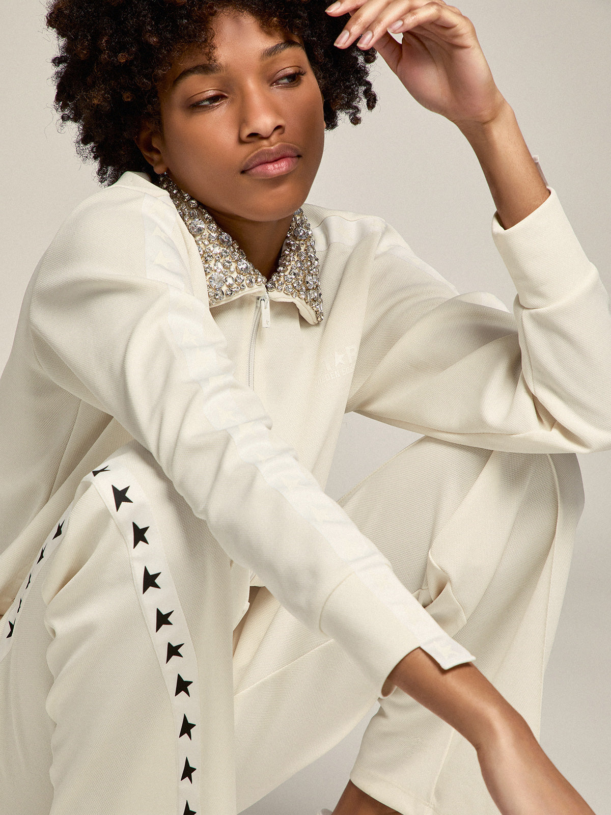 Papyrus white Denise Star Collection zipped sweatshirt with crystal collar| Golden Goose