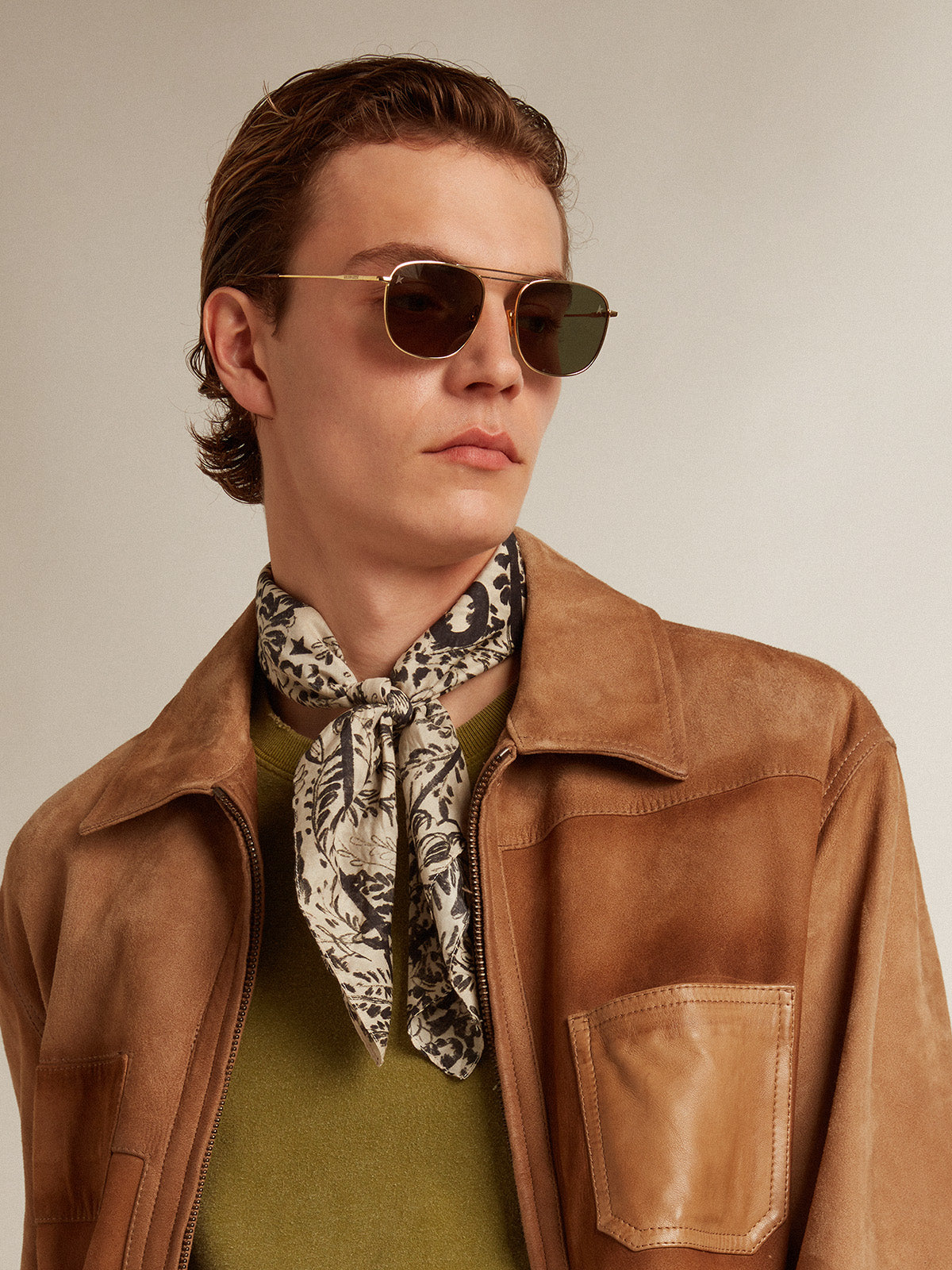 Sand-colored leather jacket with patches and zip fastening| Golden Goose