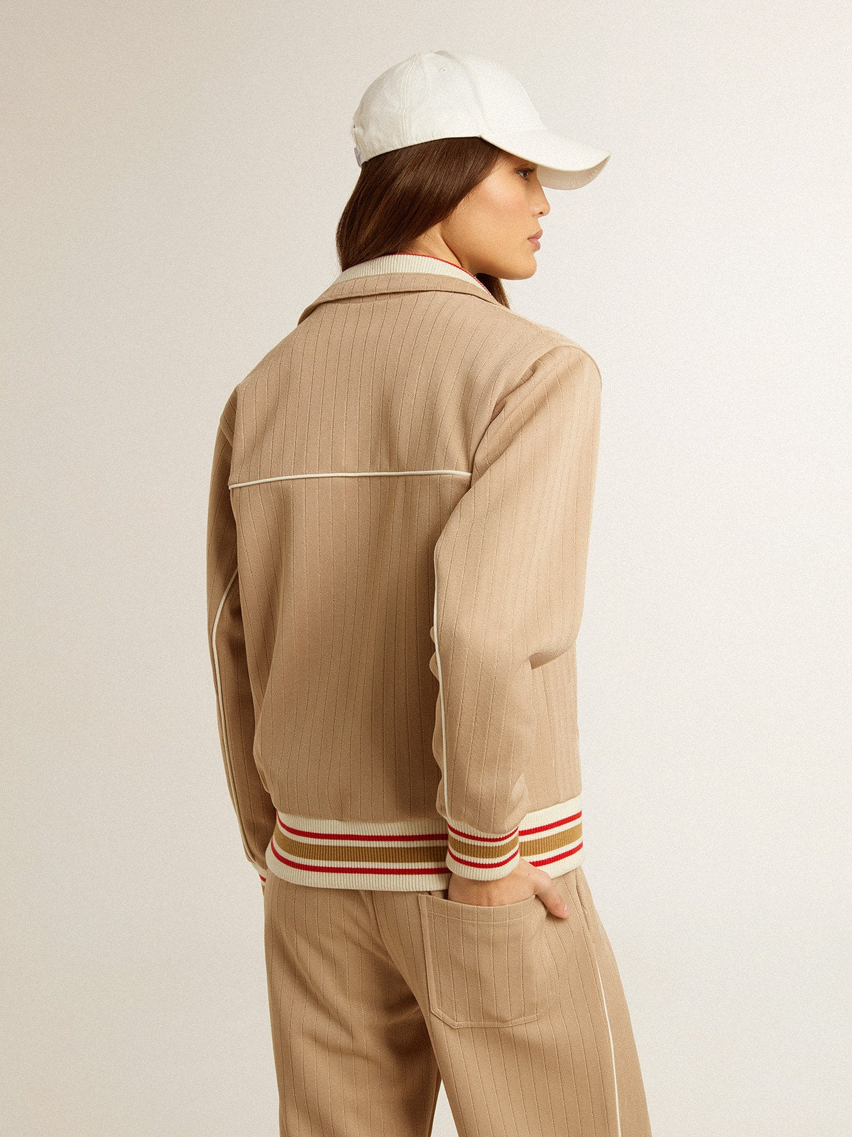 Women's light beige zipped sweatshirt with white logo| Golden Goose