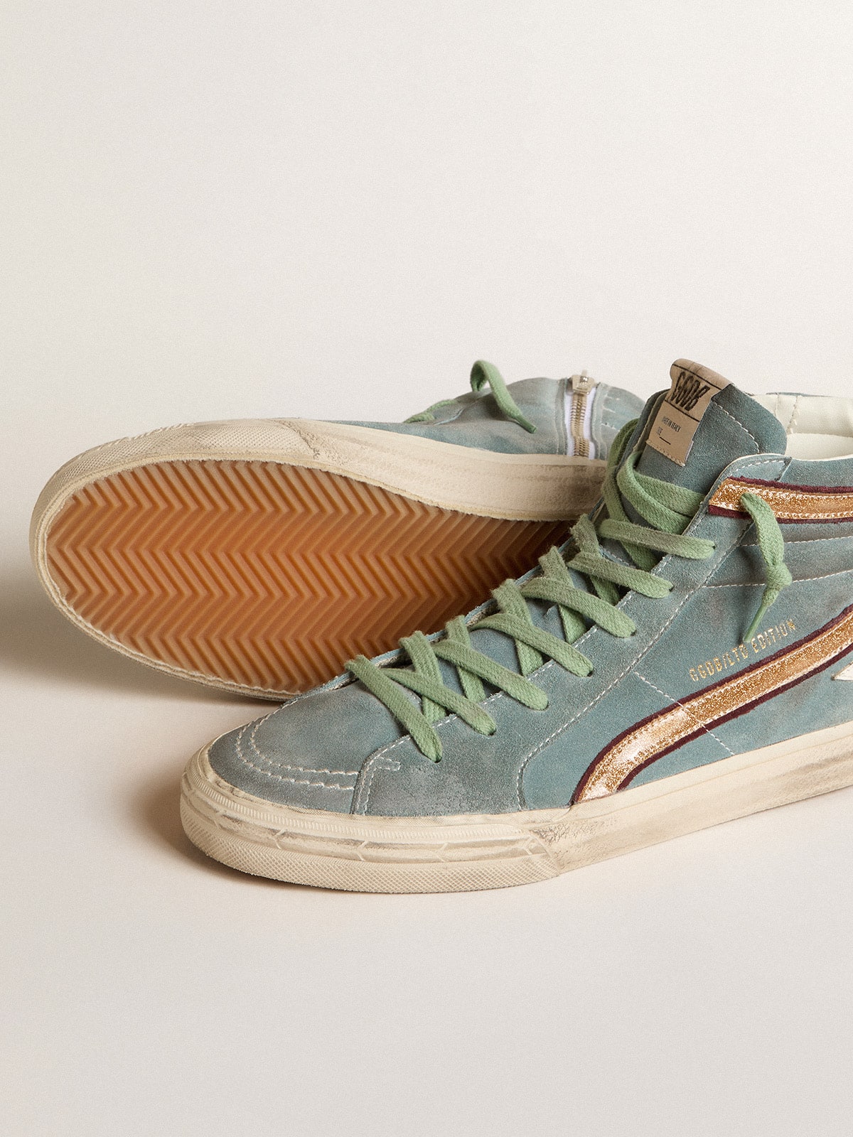 Light blue suede Slide LTD with white star and gold glitter flash| Golden Goose