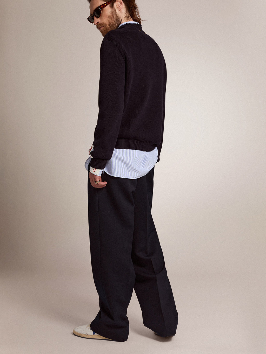Men's wide leg pants in dark blue wool| Golden Goose
