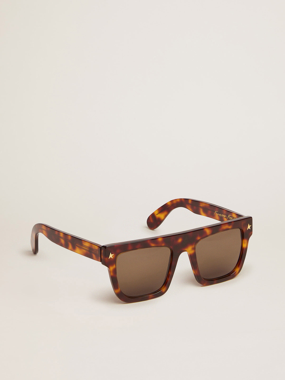 Square model sunglasses with havana frame and gold details| Golden Goose