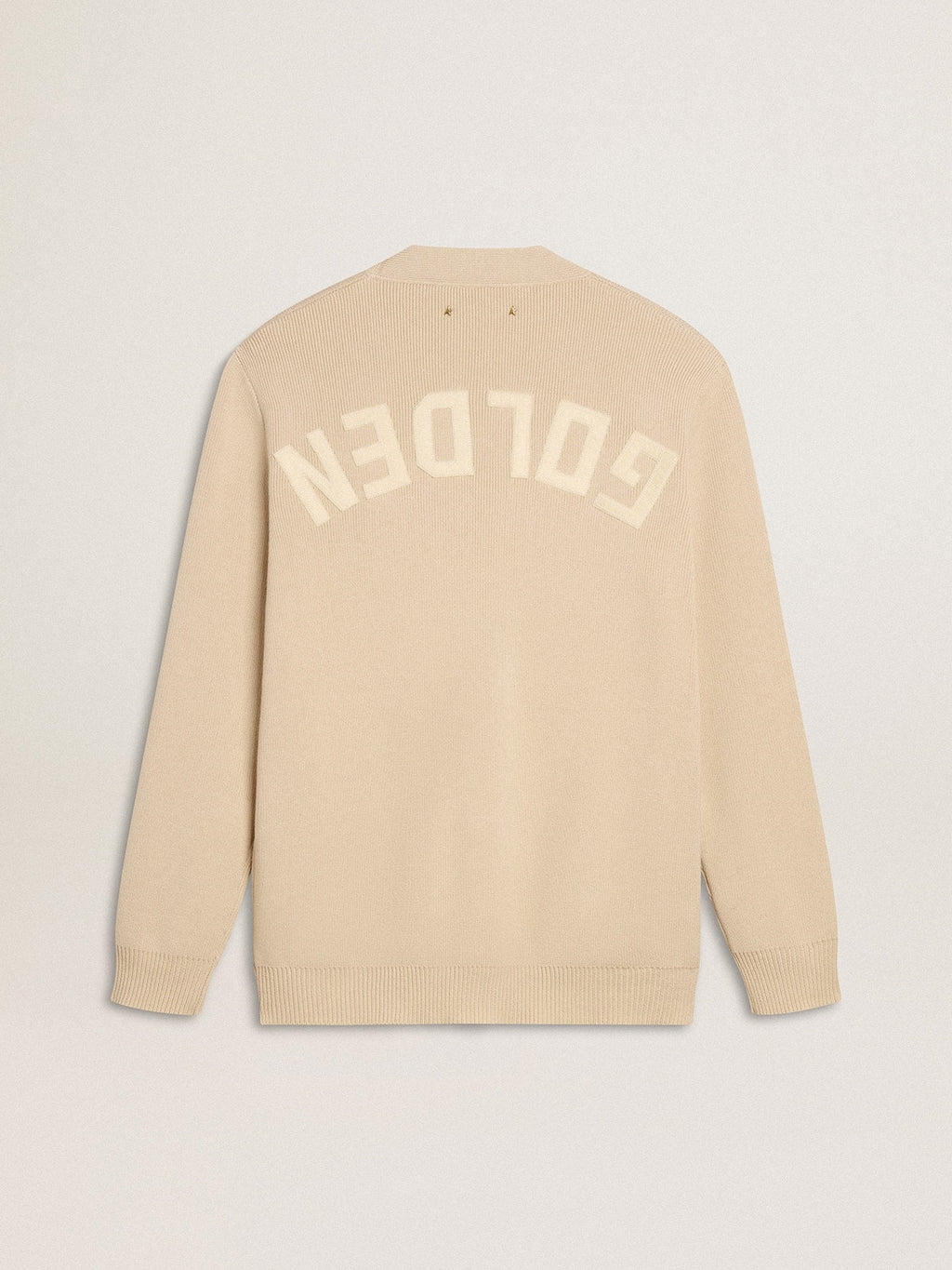 Men's beige cardigan with 'Golden' lettering on the back| Golden Goose