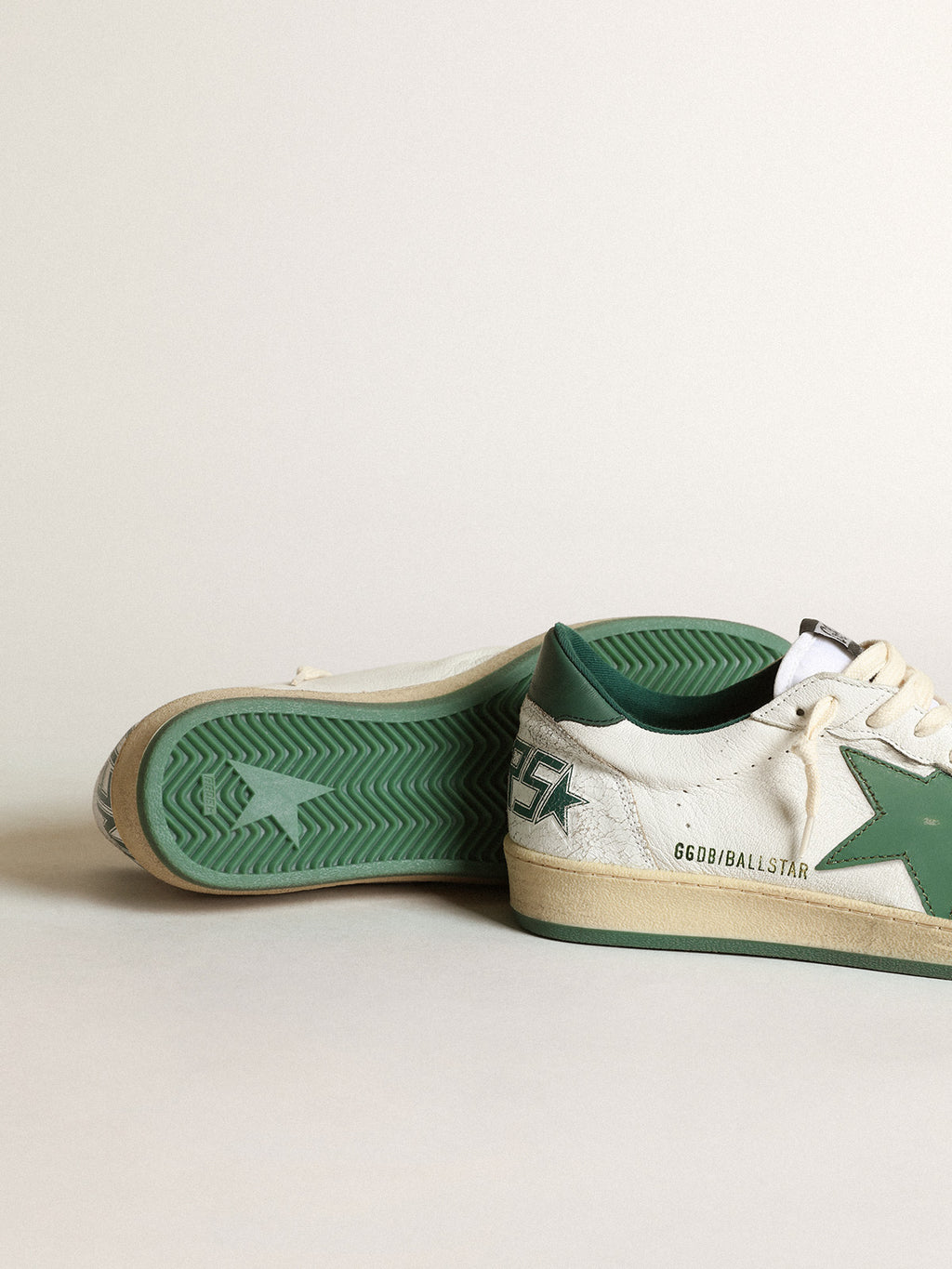 Men's Ball Star in white nappa leather with green leather star and heel tab| Golden Goose