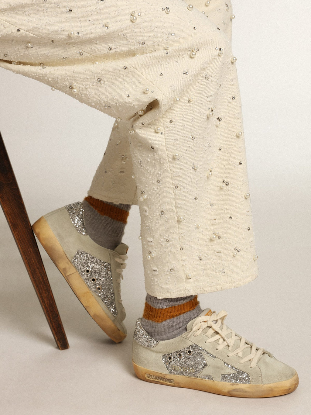 Women's Super-Star in silver glitter with ice-gray star and inserts| Golden Goose