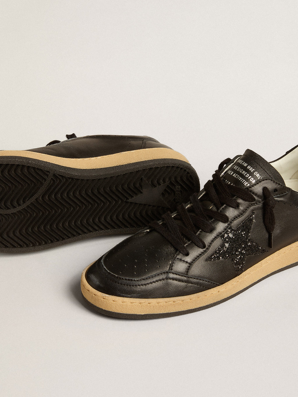 Ball Star in black nappa leather with black glitter star and suede heel tab| Golden Goose