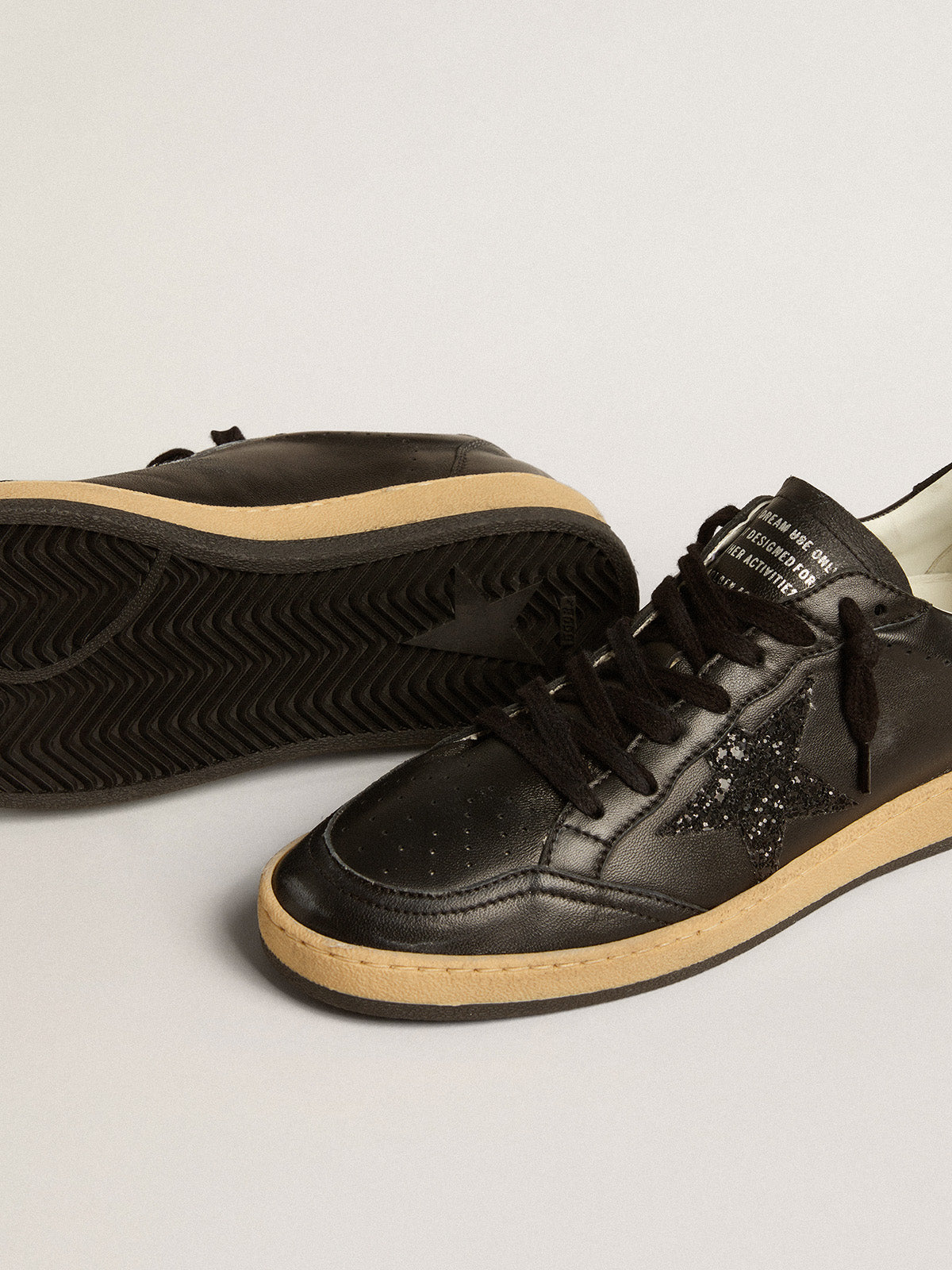 Ball Star in black nappa leather with black glitter star and suede heel tab| Golden Goose