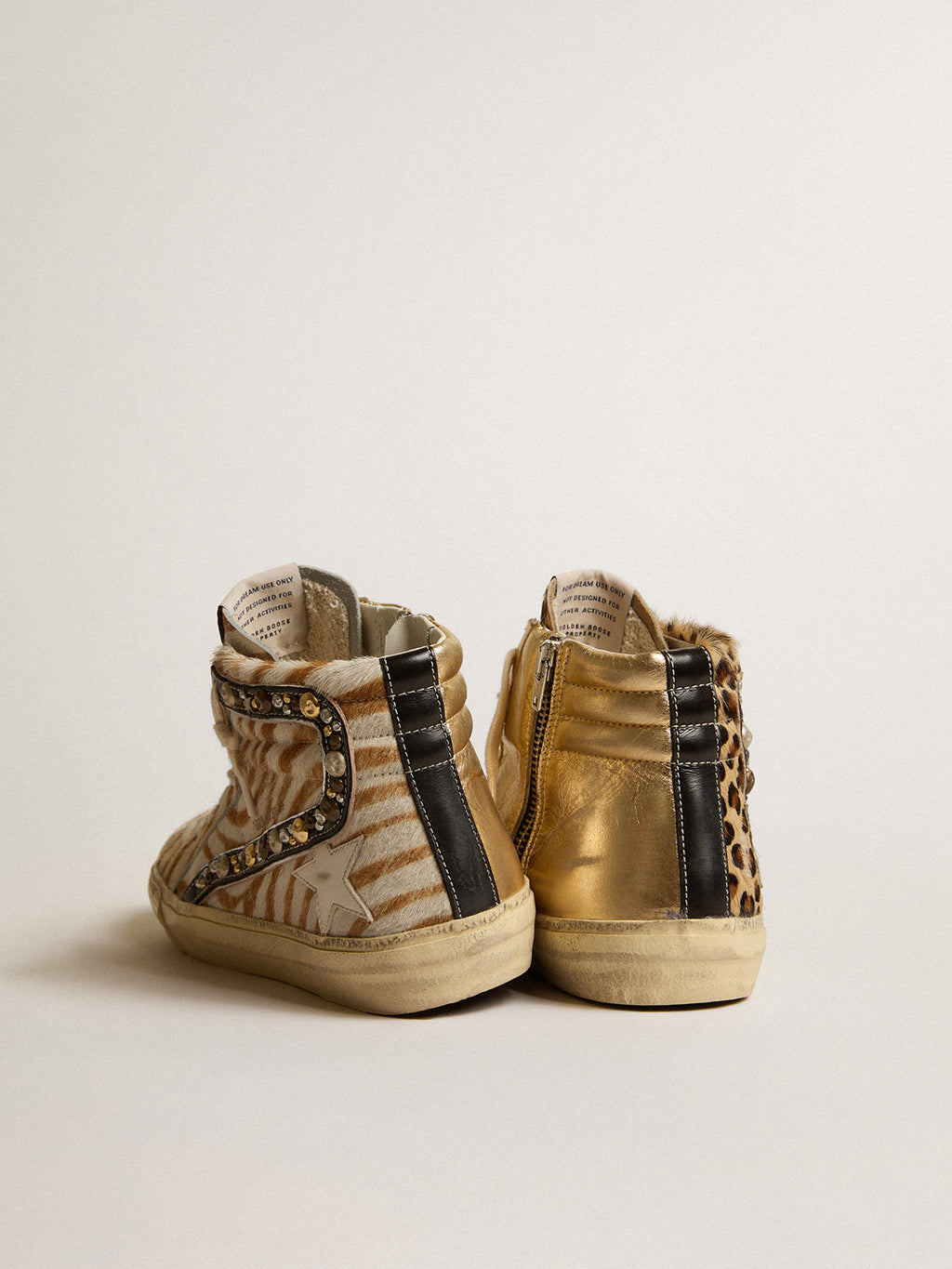Women's Slide LAB in animal-print pony skin with studded leather flash| Golden Goose