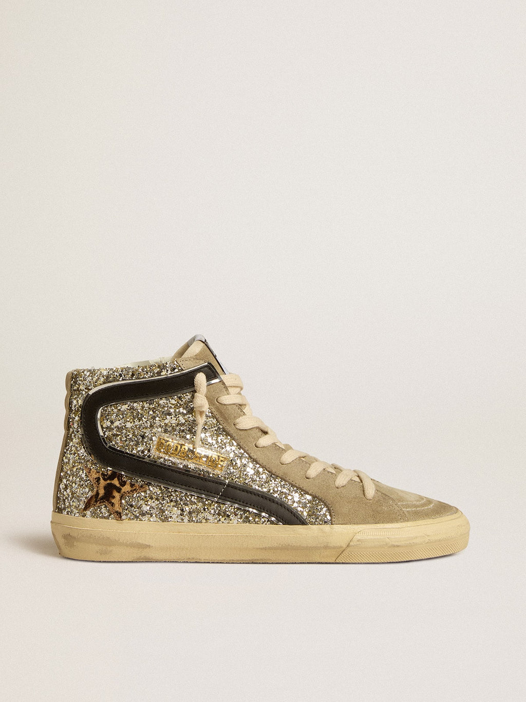 Slide in platinum glitter with leopard-print pony skin star and black flash| Golden Goose