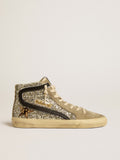 Slide in platinum glitter with leopard-print pony skin star and black flash| Golden Goose