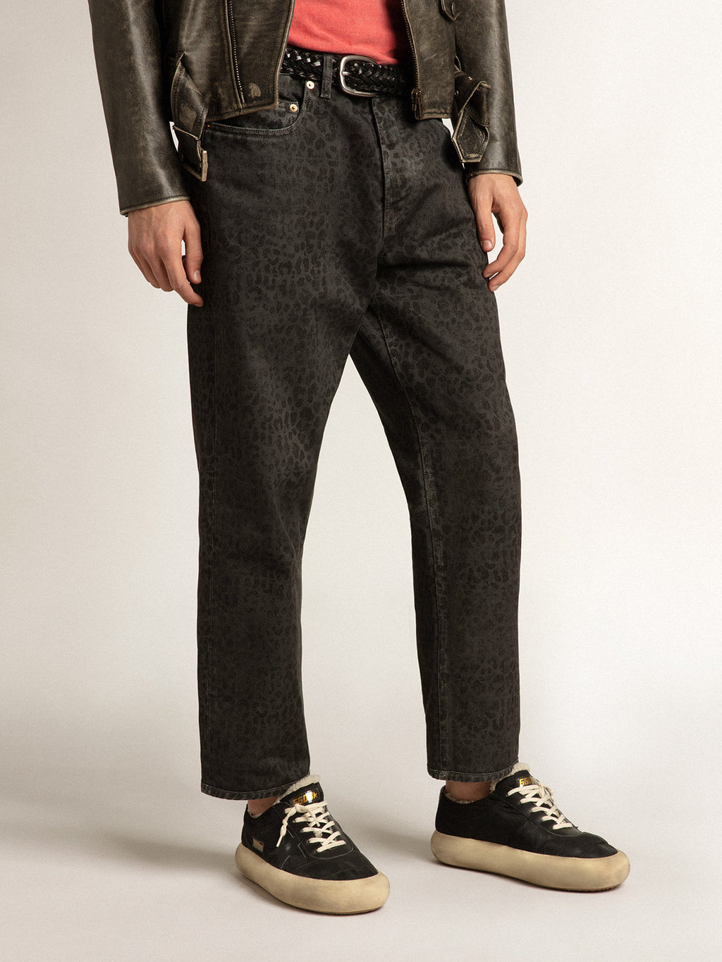 Men's gray jeans with leopard print| Golden Goose