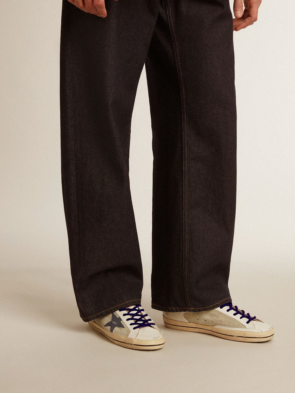 Super-Star in leather and suede with blue lizard-print leather star| Golden Goose