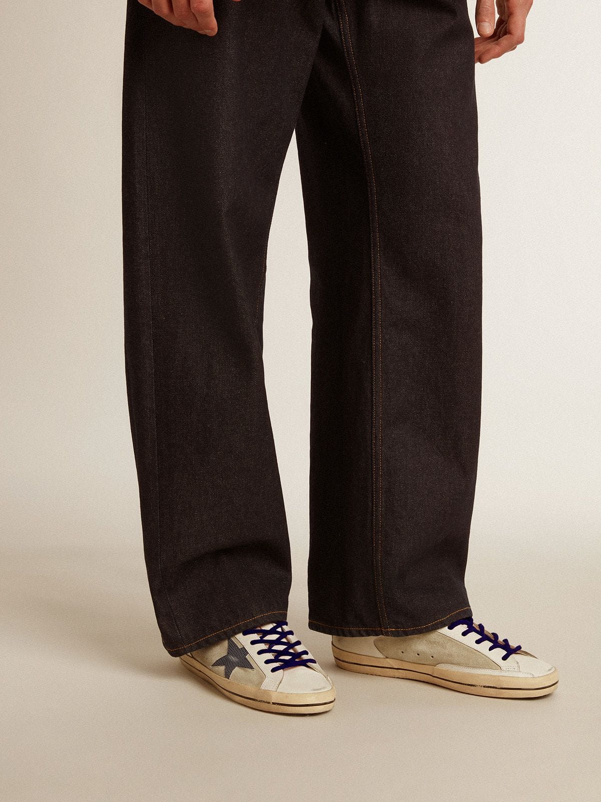 Super-Star in leather and suede with blue lizard-print leather star| Golden Goose