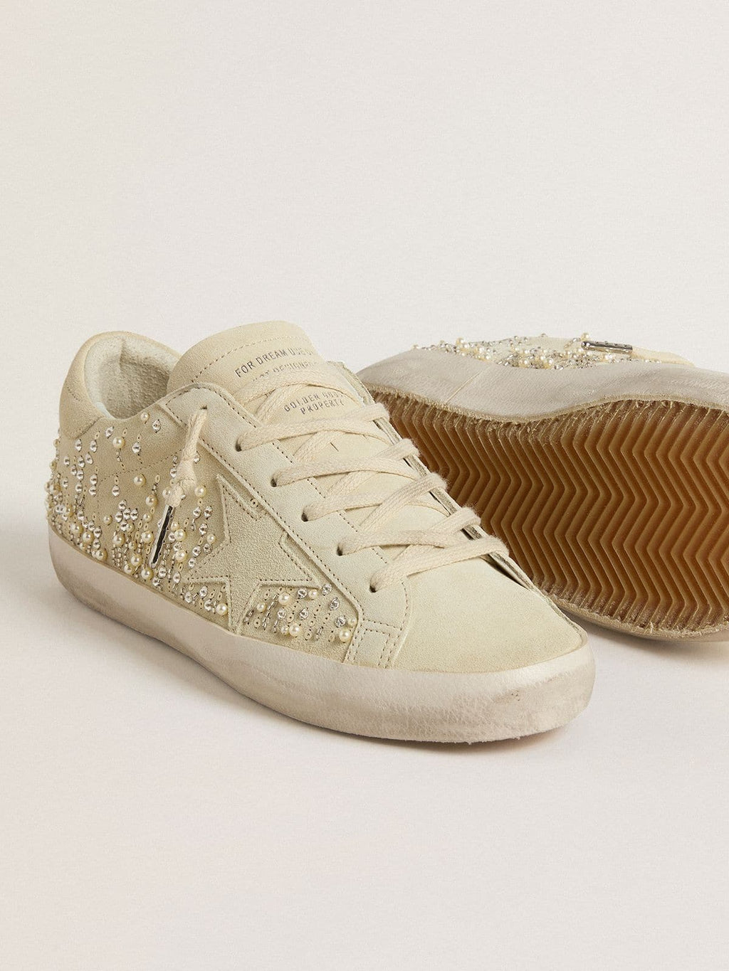 Women's Super-Star in beige suede with pearls and Swarovski crystals| Golden Goose