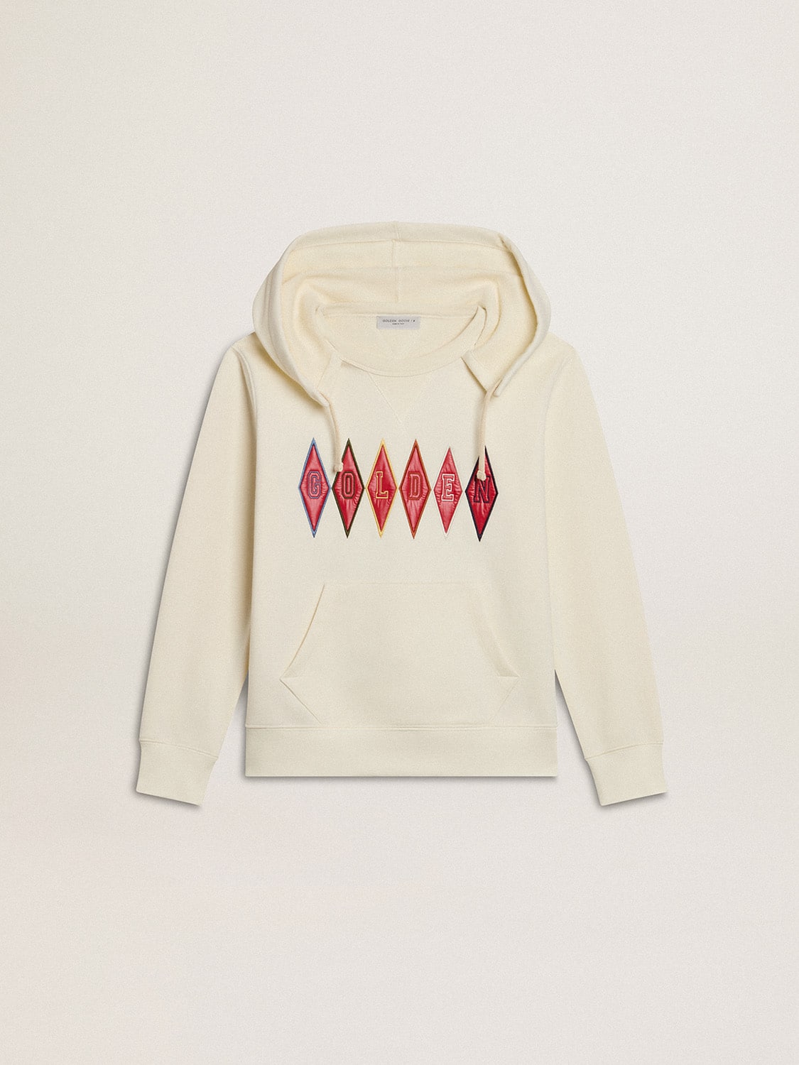 Hooded sweatshirt in worn white with Golden embroidery on the front| Golden Goose