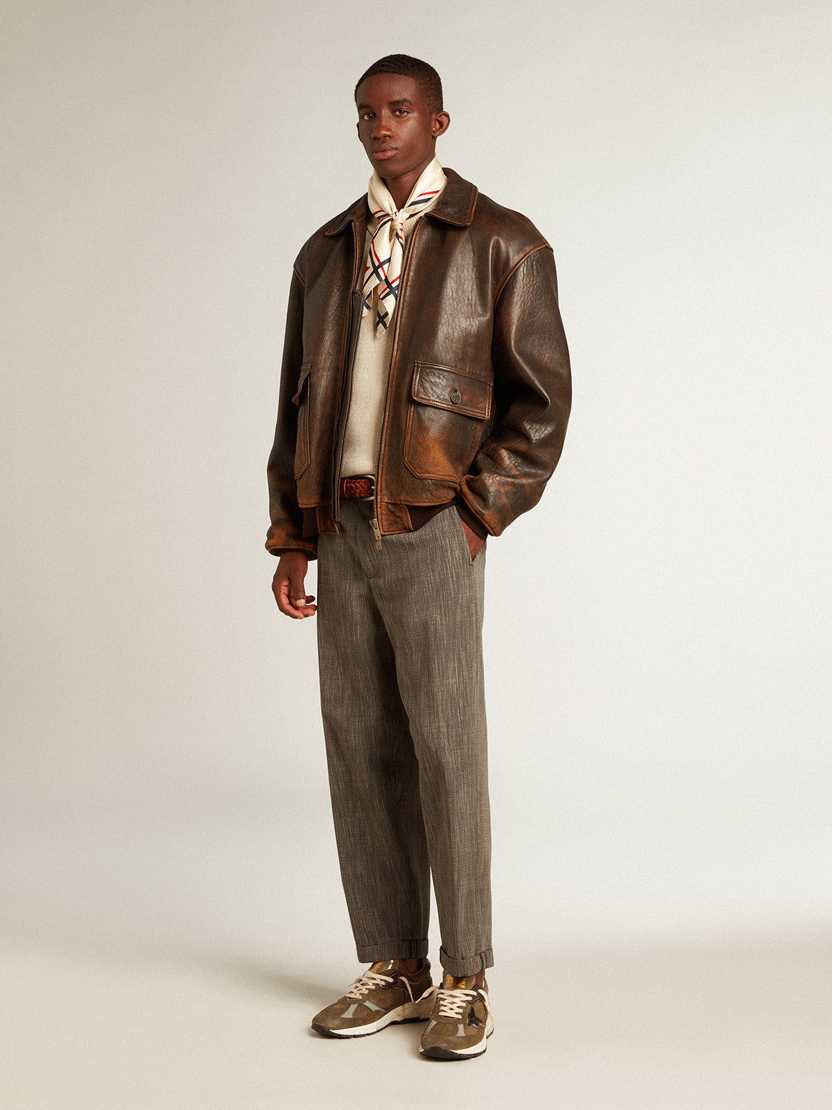 Aviator-style jacket in brown leather| Golden Goose
