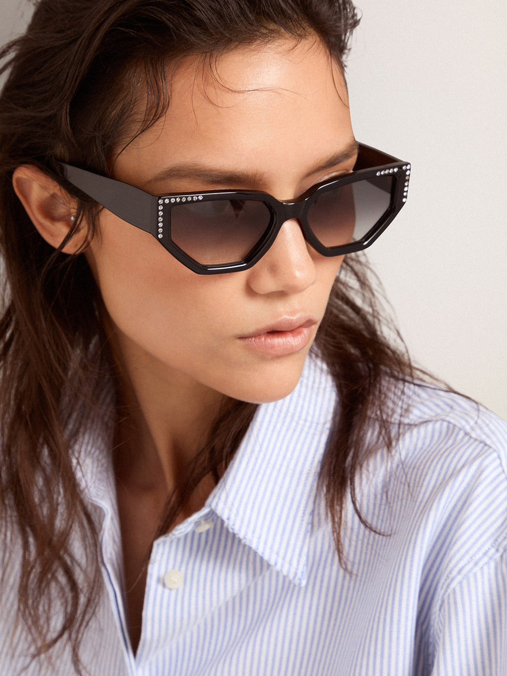 Sunglasses rectangular model with black frame and crystals| Golden Goose