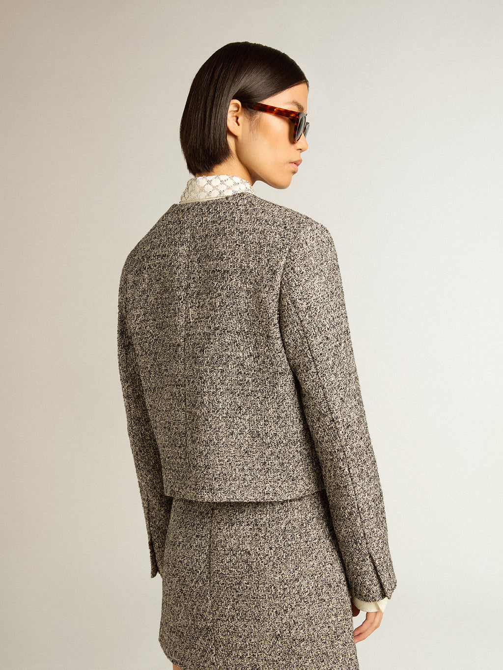 Boxy cropped jacket in gray bouclé fabric| Golden Goose