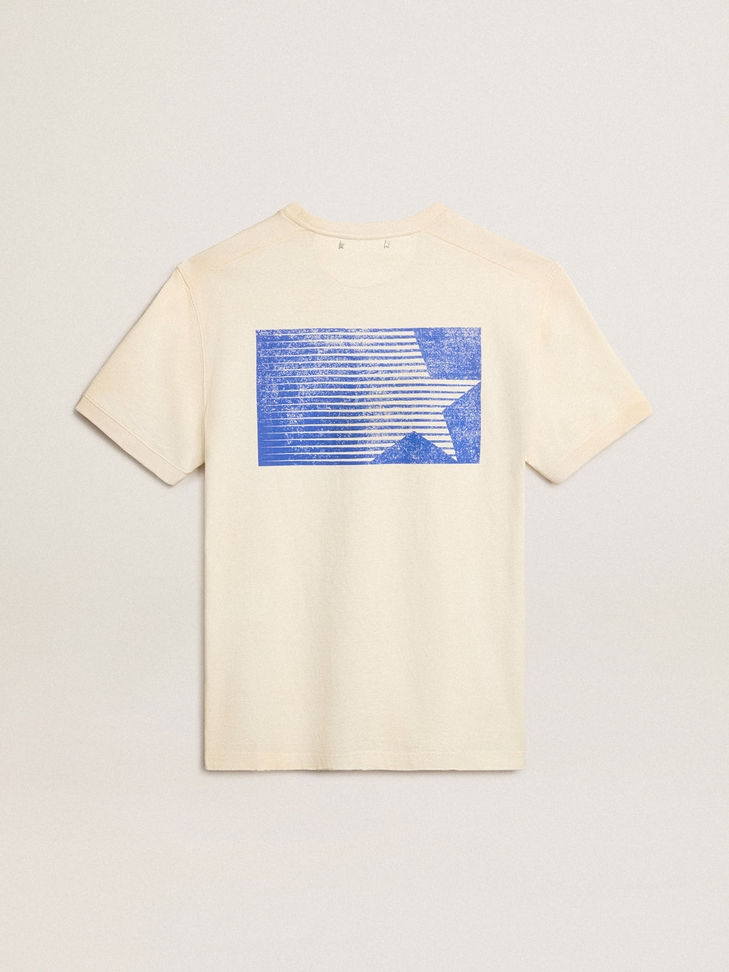 Aged white cotton T-shirt with blue Marathon logo| Golden Goose