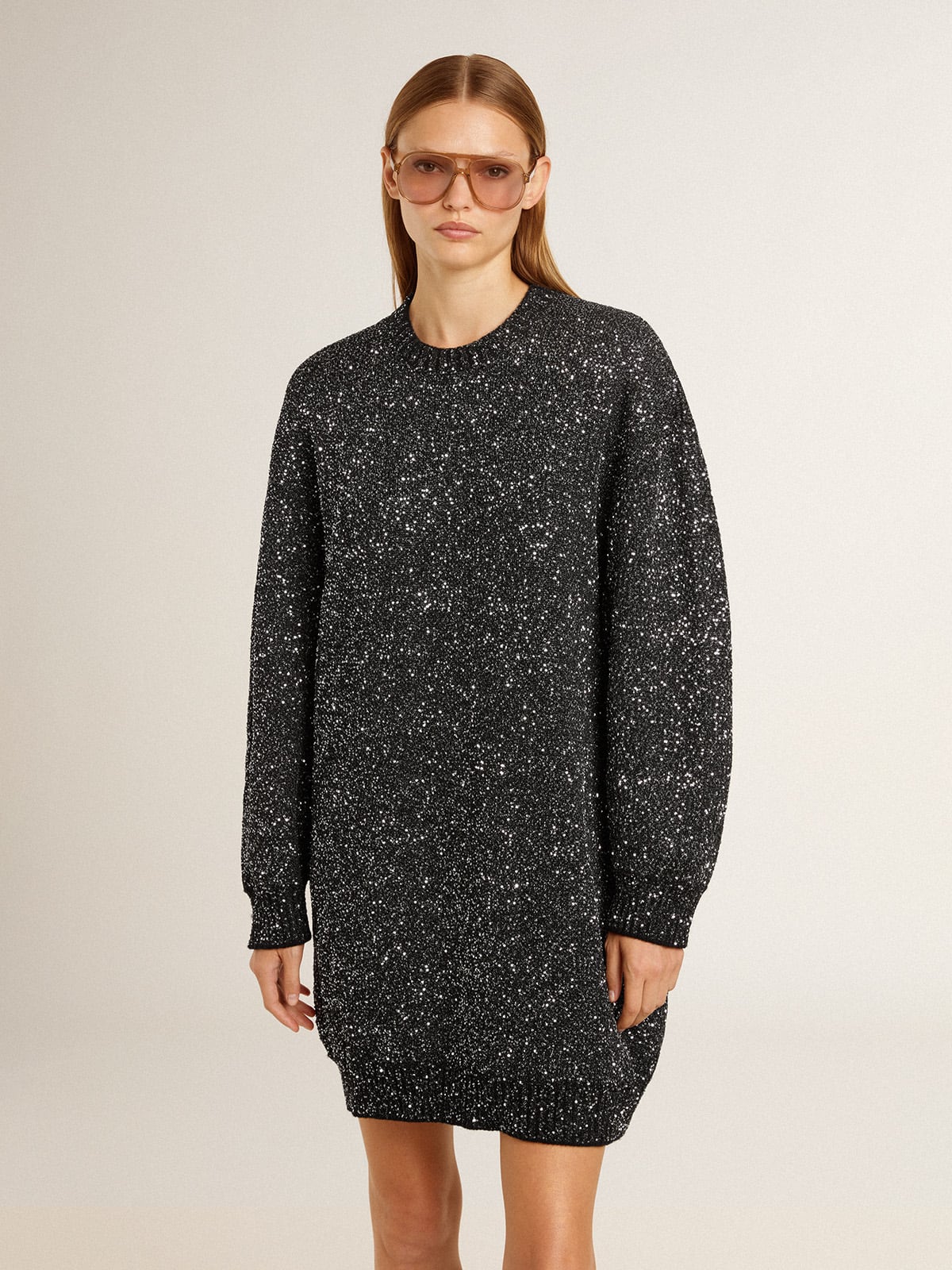 Women's black crew neck dress with all-over silver sequins| Golden Goose