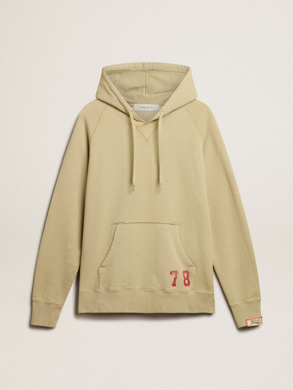 Pale eucalyptus-colored hoodie with front pocket| Golden Goose