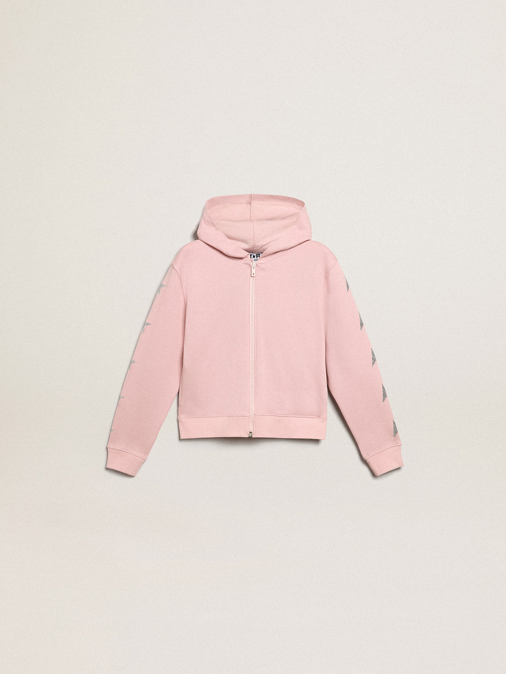 Pink sweatshirt with hood and silver glitter stars| Golden Goose