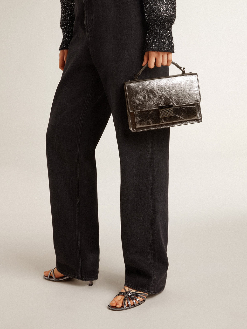 Venezia Bag in anthracite-gray metallic leather with black details| Golden Goose