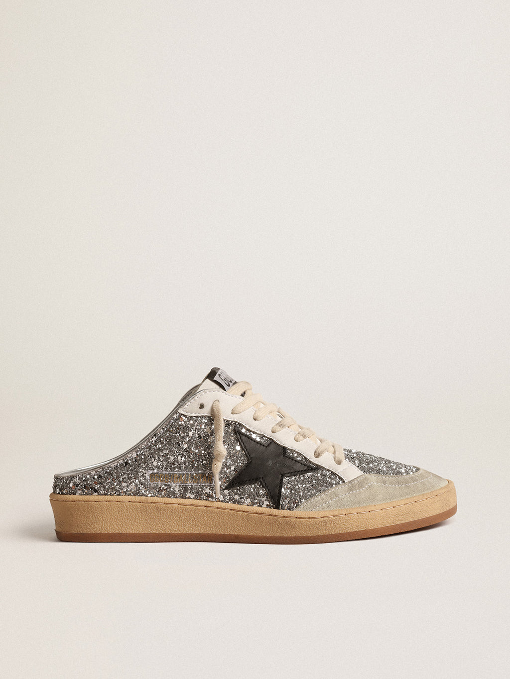 Ball Star Sabots in silver glitter with black leather star| Golden Goose