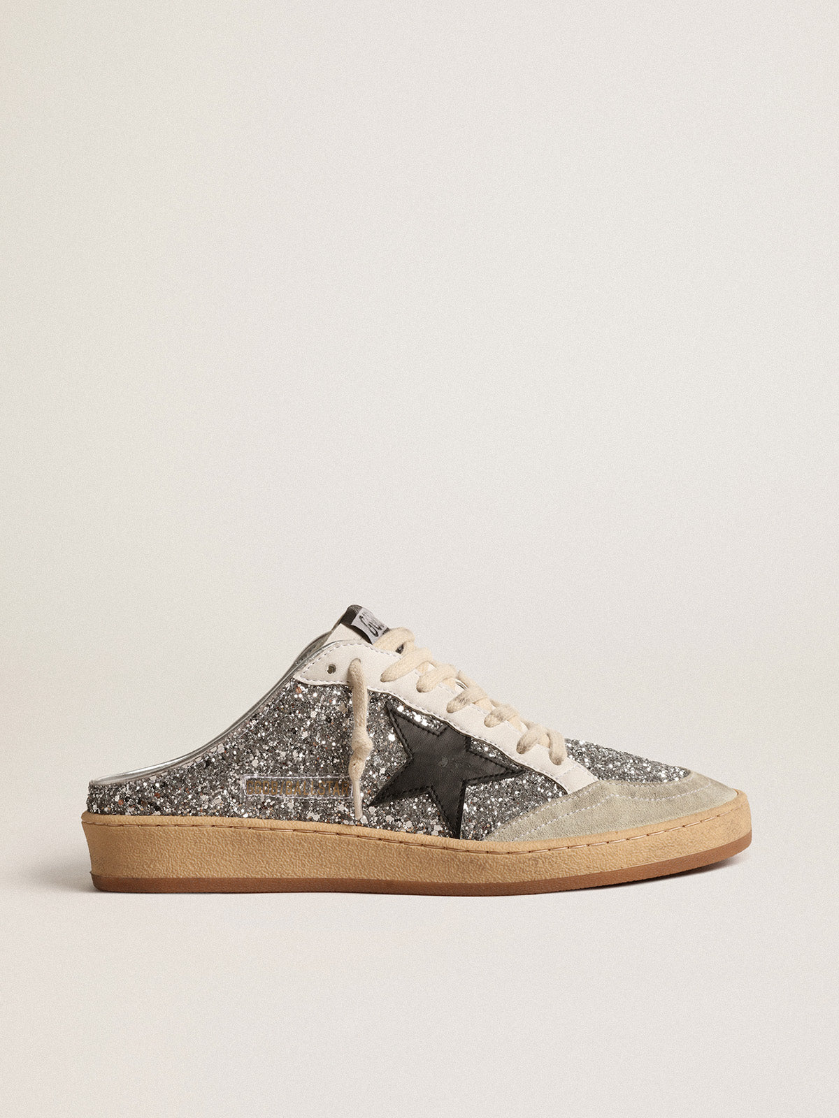 Ball Star Sabots in silver glitter with black leather star| Golden Goose