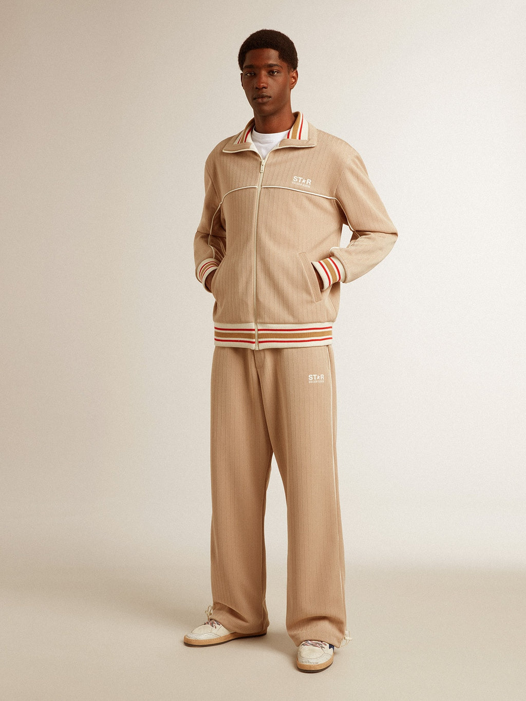 Men's light beige zipped sweatshirt with white logo| Golden Goose