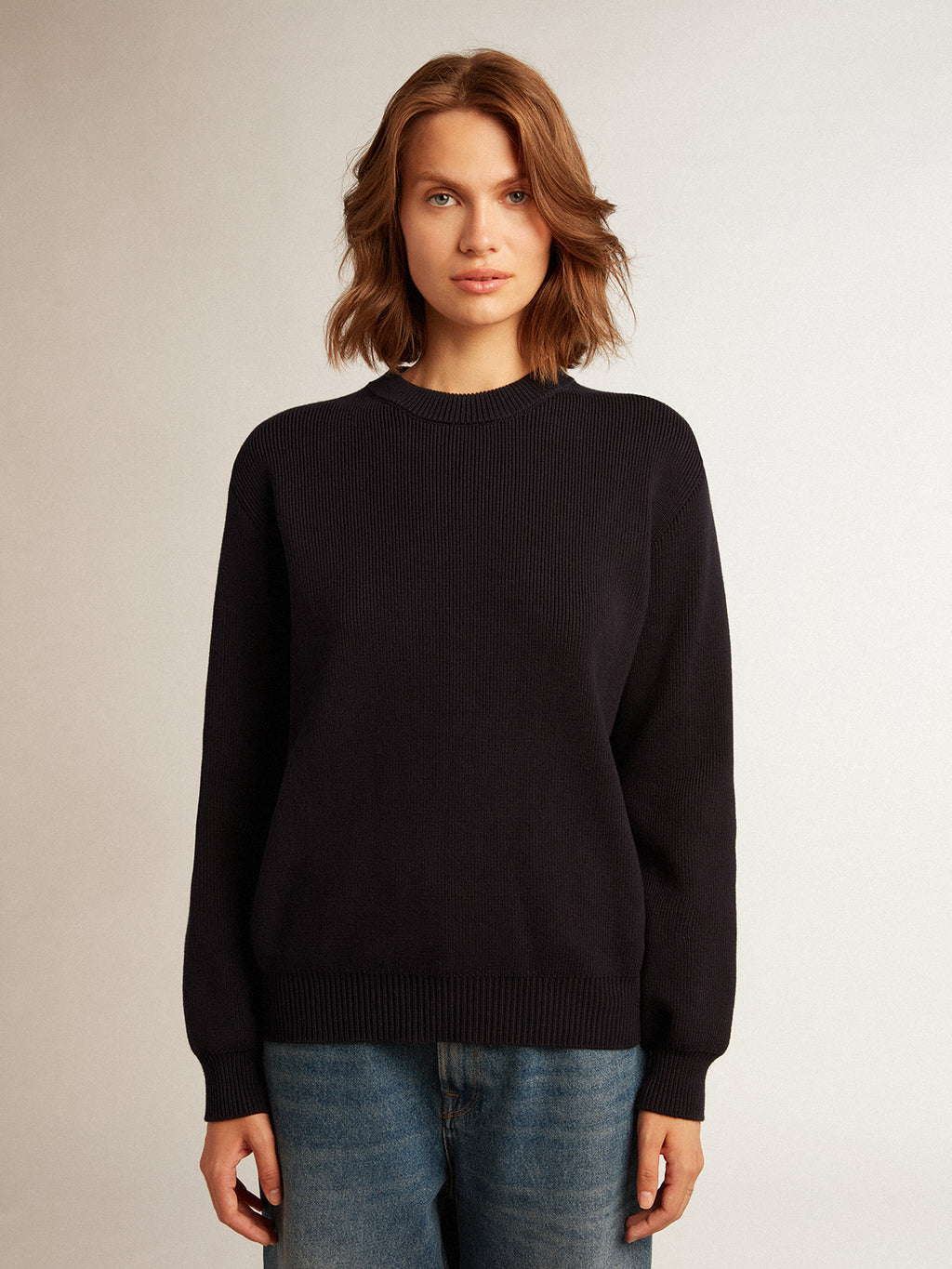 Women's round-neck sweater in dark blue cotton with logo on the back| Golden Goose