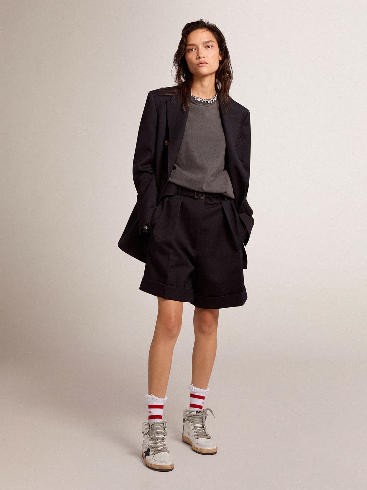 Women's anthracite gray T-shirt with crystals| Golden Goose