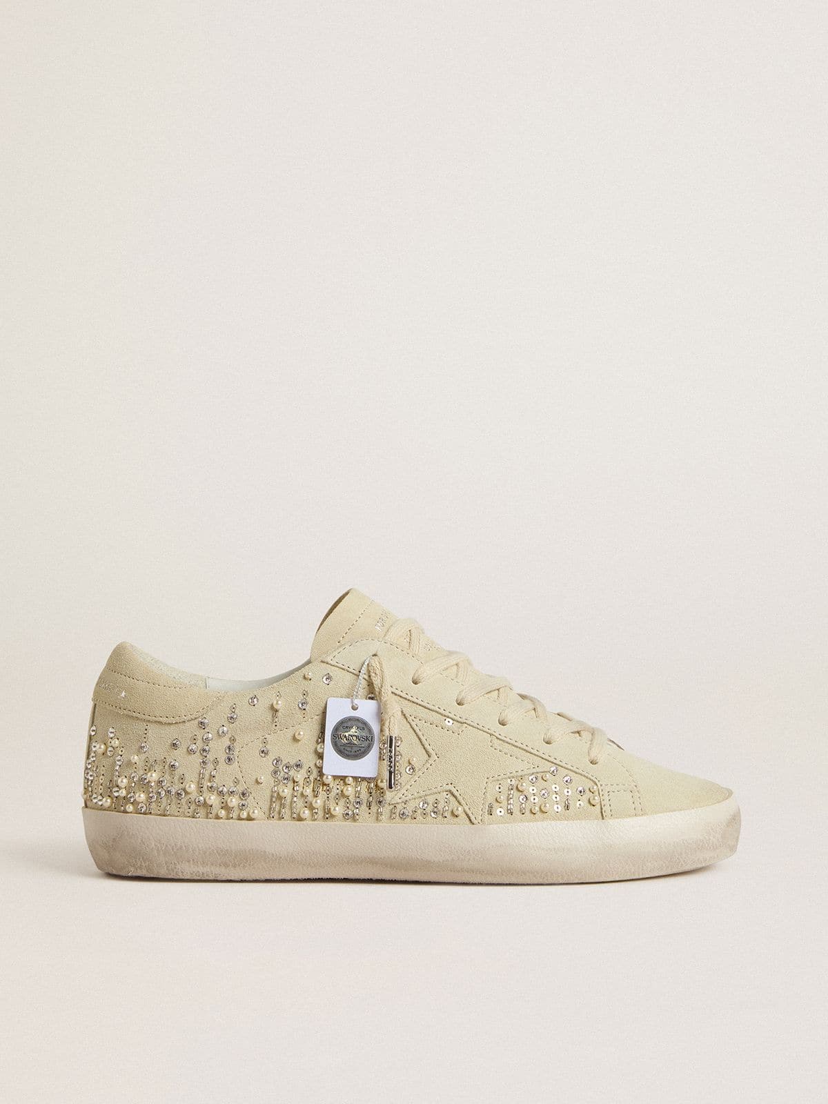 Women's Super-Star in beige suede with pearls and Swarovski crystals| Golden Goose