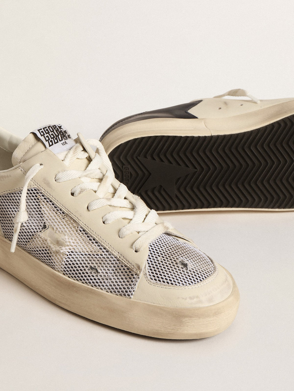 Stardan in white leather and mesh with blue metallic heel tab| Golden Goose