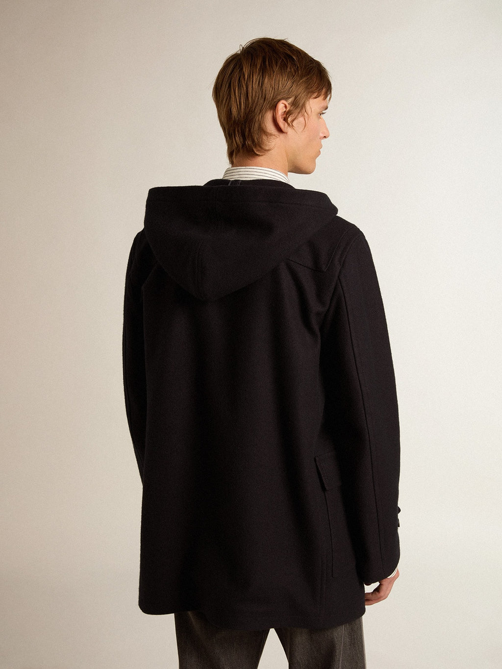 Dark blue wool duffle coat with hood and toggle fastening| Golden Goose