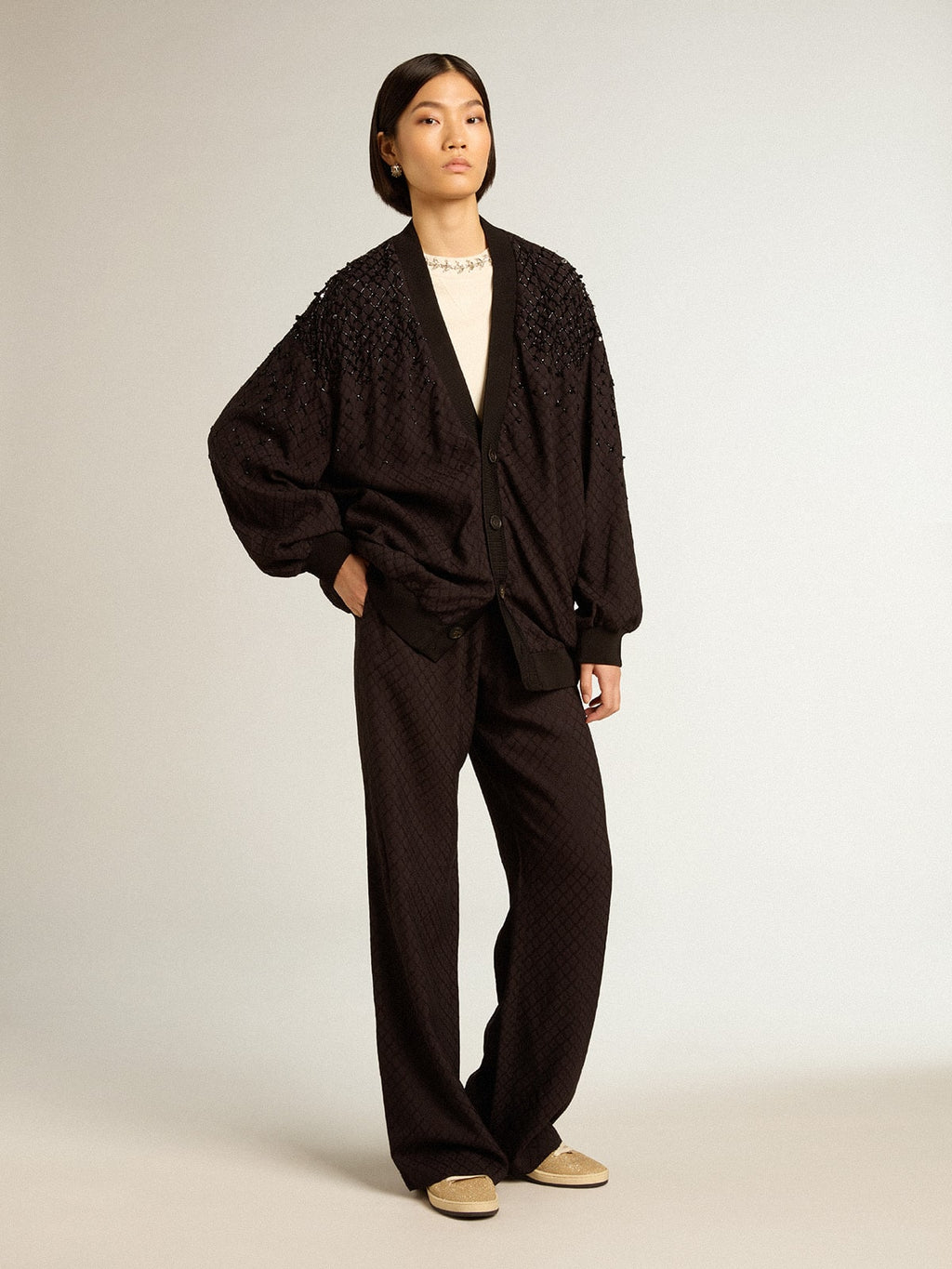 Women's black cardigan with shaded embroidery| Golden Goose