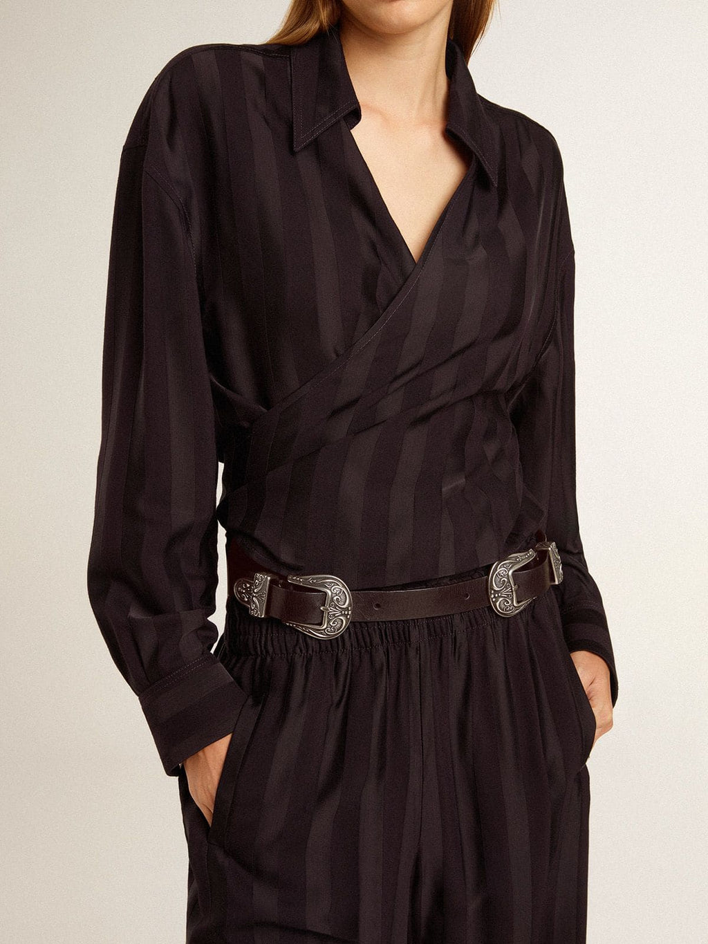 Black belt in washed leather with silver-colored double buckle| Golden Goose