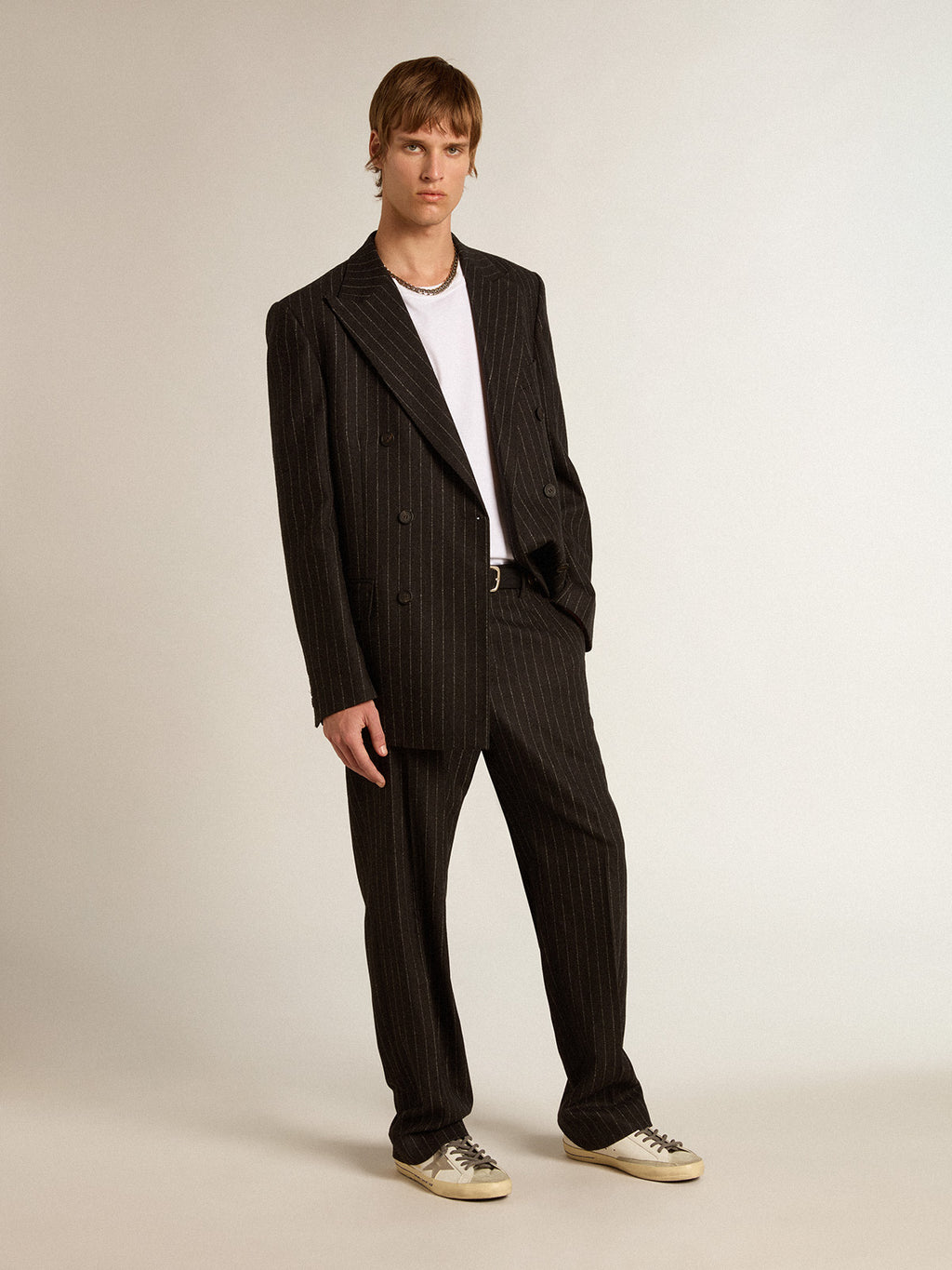 Men's double-breasted blazer in gray melange wool| Golden Goose