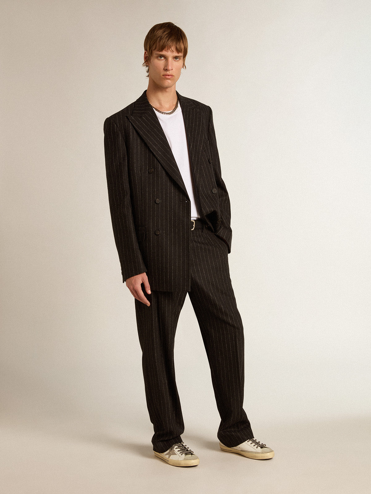 Men's double-breasted blazer in gray melange wool| Golden Goose