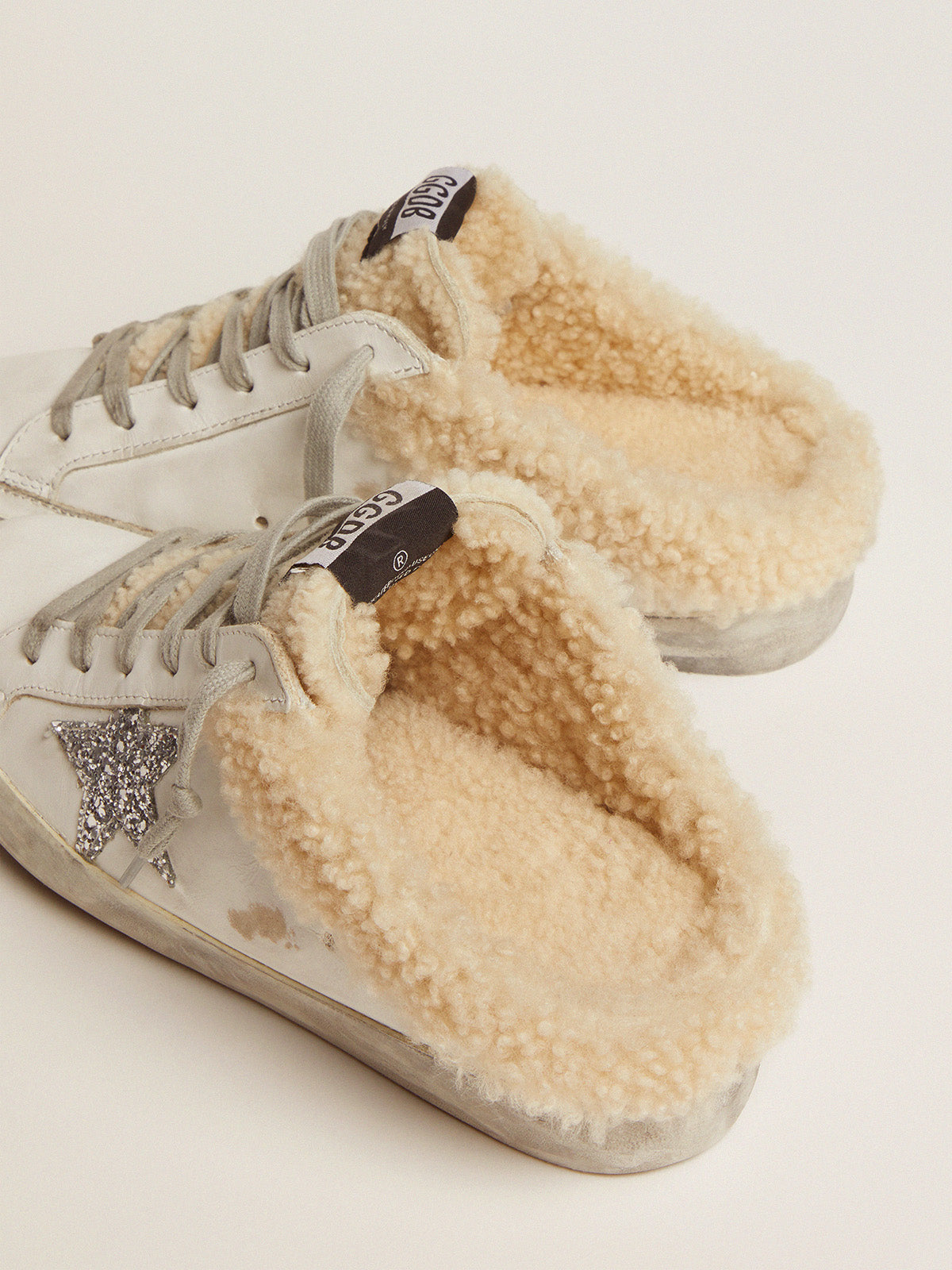 Women's Super-Star Sabot in white leather and shearling lining| Golden Goose