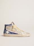 Slide in pearl canvas and blue suede with white leather star and flash| Golden Goose
