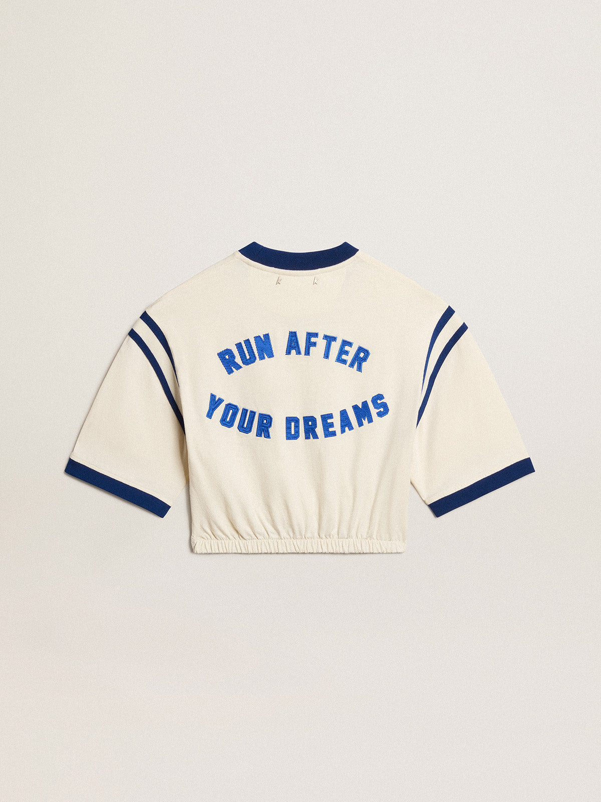 Aged white cotton cropped T-shirt with lettering on the back| Golden Goose