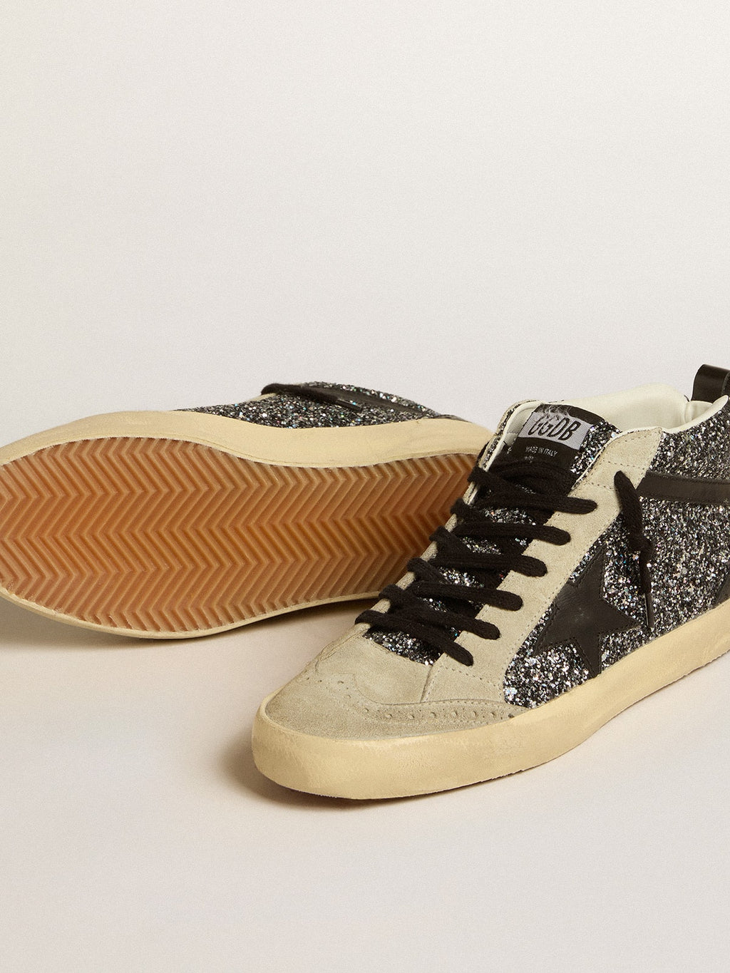 Mid Star LTD in black glitter with black leather star and flash| Golden Goose