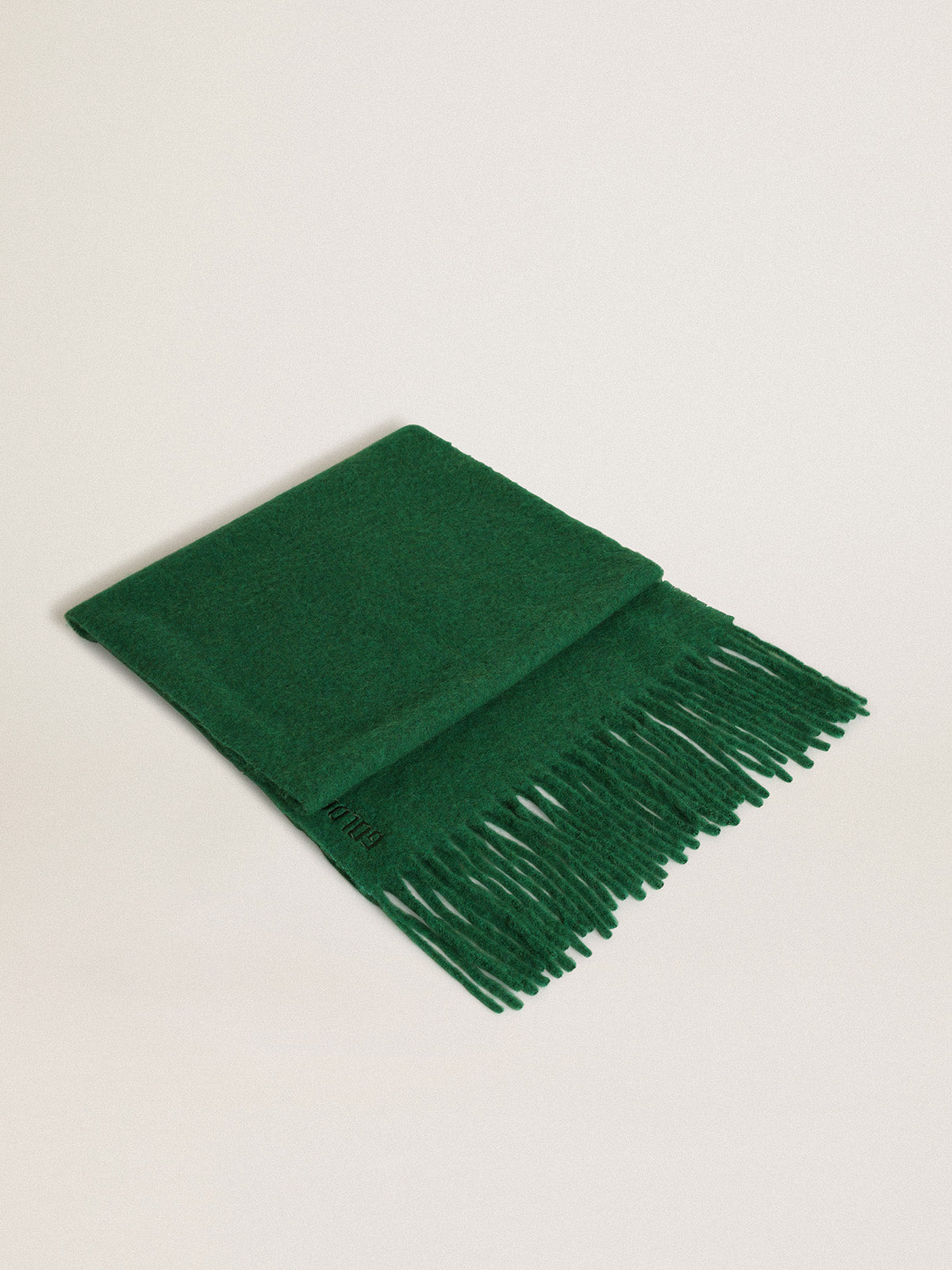 Dark green wool scarf with fringe and 'Golden' lettering| Golden Goose